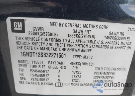 2003 Chevrolet Trailblazer Ltz из США, поврежденный, VIN 1GNDT13S632271561